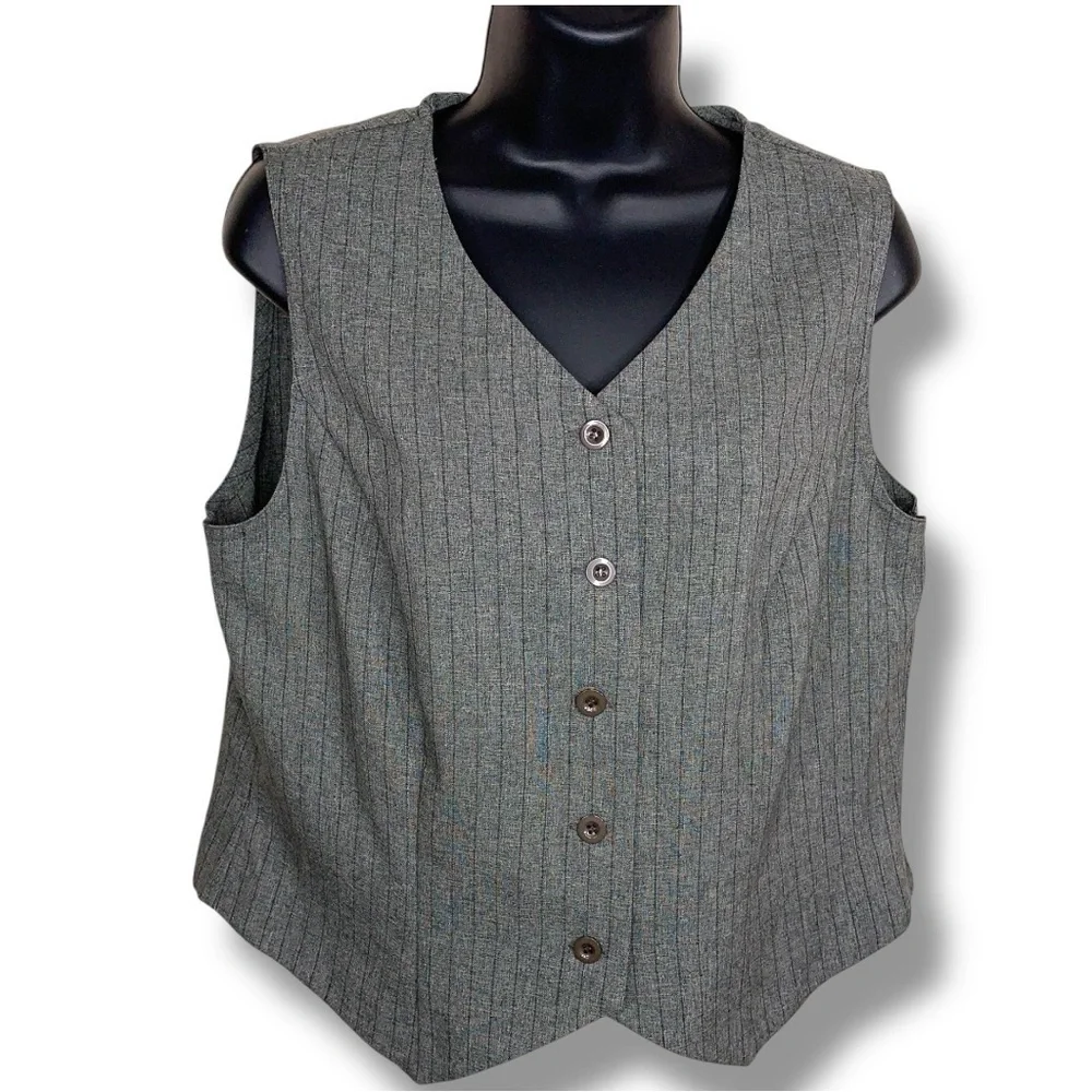 Vintage Size 12 Sag Harbor Grey Striped Vest Button Up Academia Goth Vneck